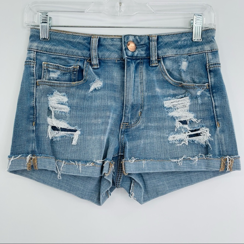 American Eagle hi rise shortie distressed raw hem cuffed shorts